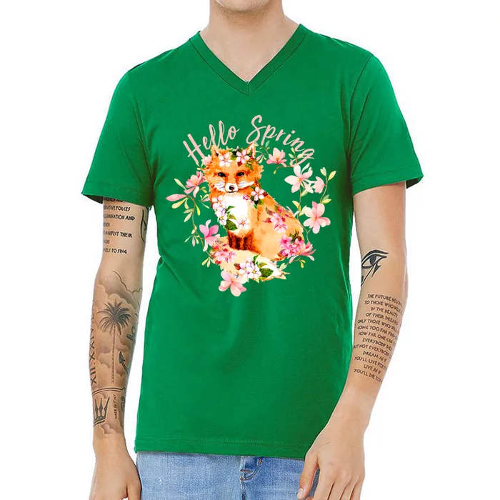 Cute Hello Spring Flower Fox V-Neck T-Shirt