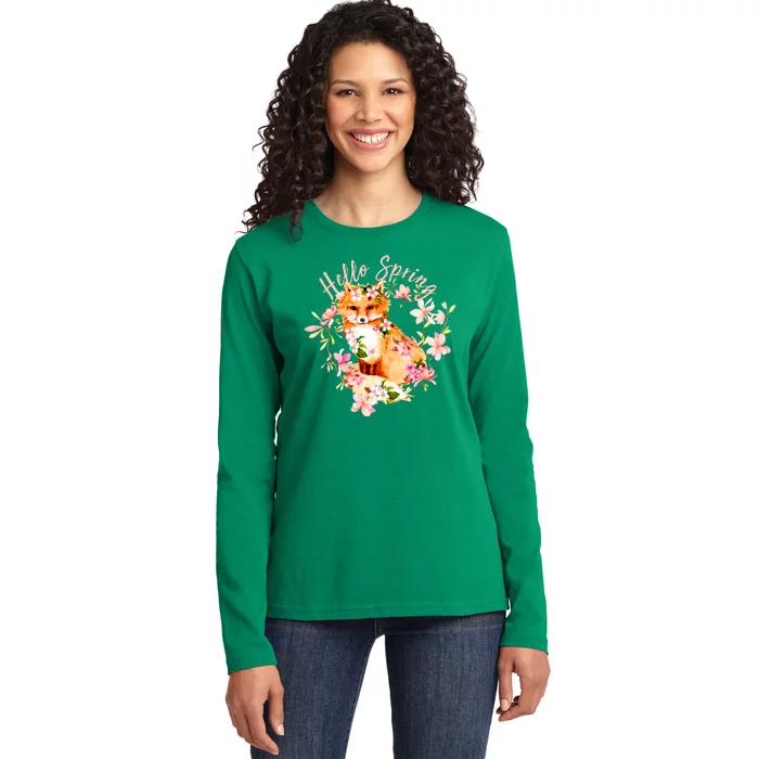 Cute Hello Spring Flower Fox Ladies Long Sleeve Shirt