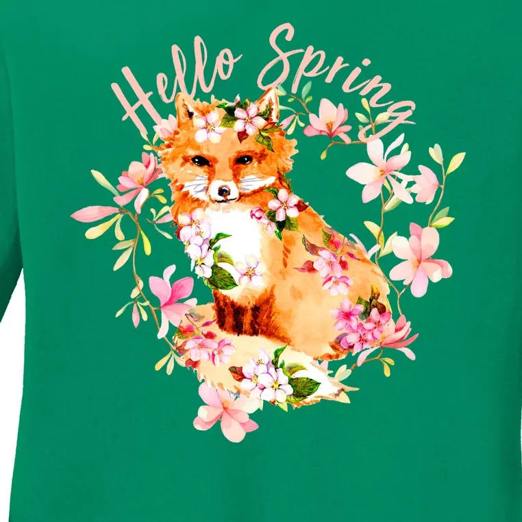 Cute Hello Spring Flower Fox Ladies Long Sleeve Shirt