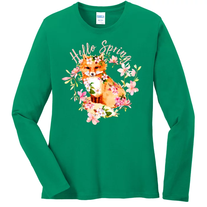 Cute Hello Spring Flower Fox Ladies Long Sleeve Shirt