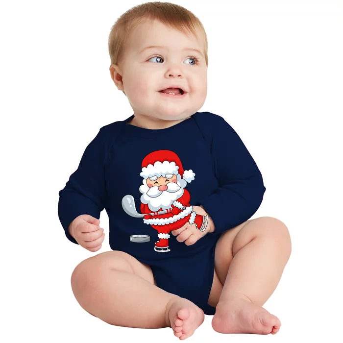 Christmas Hockey Santa Playing Hockey Santa Hockey Player Gift Baby Long Sleeve Bodysuit