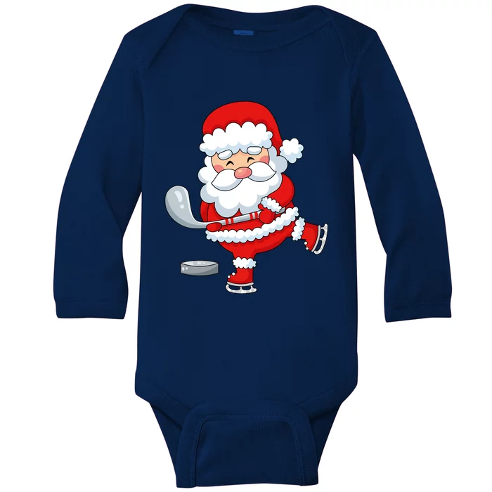 Christmas Hockey Santa Playing Hockey Santa Hockey Player Gift Baby Long Sleeve Bodysuit