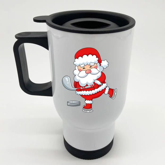 Christmas Hockey Santa Playing Hockey Santa Hockey Player Gift Front & Back Stainless Steel Travel Mug