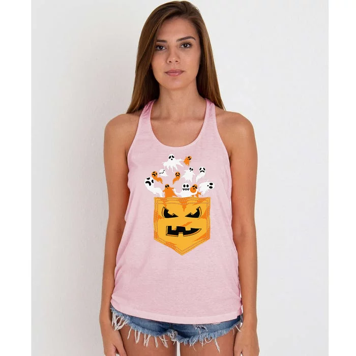 Cool Halloween Spooky Ghost Pumpkin Pocket Lovers Gift Women's Knotted Racerback Tank