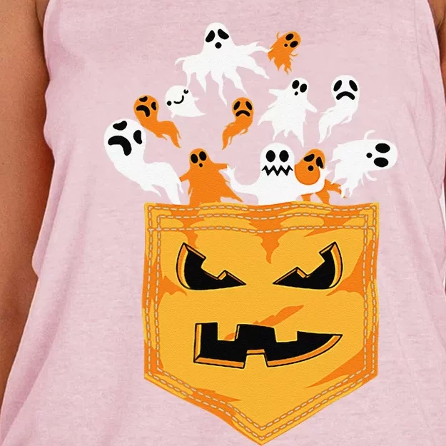 Cool Halloween Spooky Ghost Pumpkin Pocket Lovers Gift Women's Knotted Racerback Tank