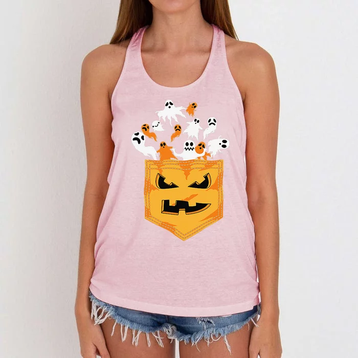 Cool Halloween Spooky Ghost Pumpkin Pocket Lovers Gift Women's Knotted Racerback Tank