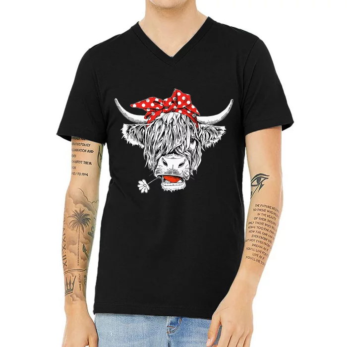 Cute Hairy Scottish Highland Cow V-Neck T-Shirt