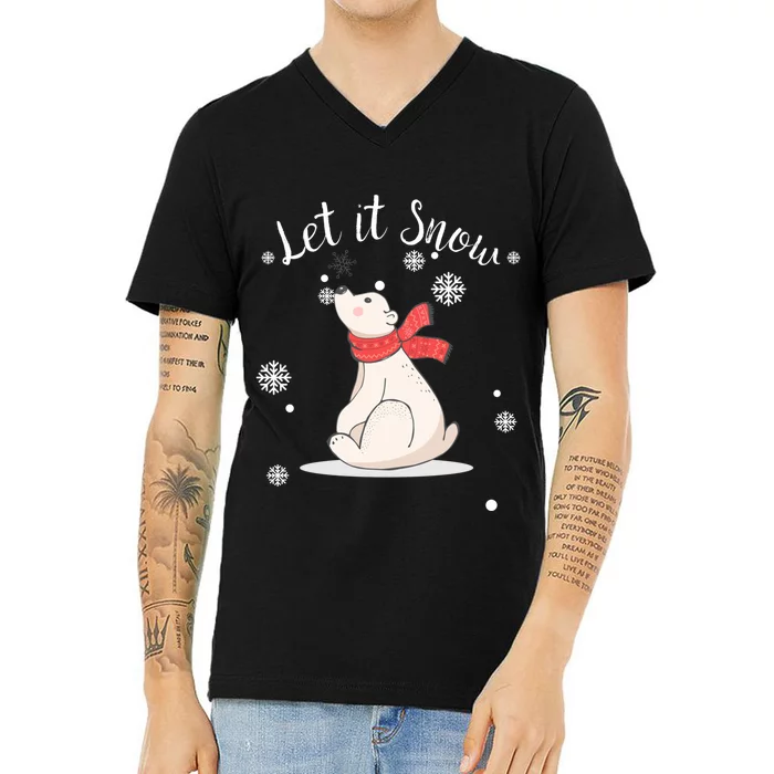 Christmas Holiday Spirit Let It Snow Polar Bear V-Neck T-Shirt