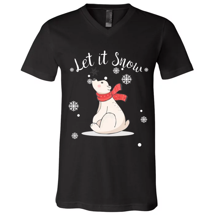 Christmas Holiday Spirit Let It Snow Polar Bear V-Neck T-Shirt