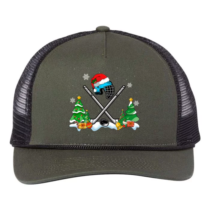 Cool Hockey Santa Hat Christmas Tree Hockey Lover Cute Gift Retro Rope Trucker Hat Cap