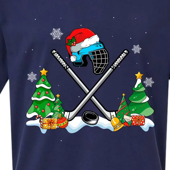 Cool Hockey Santa Hat Christmas Tree Hockey Lover Cute Gift Sueded Cloud Jersey T-Shirt