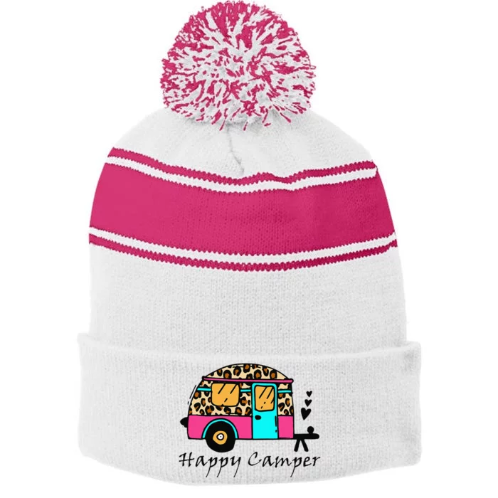 Camper happy summer camp camping leopard funny glamping Stripe Pom Pom Beanie