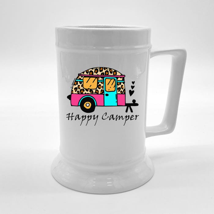 Camper happy summer camp camping leopard funny glamping Front & Back Beer Stein