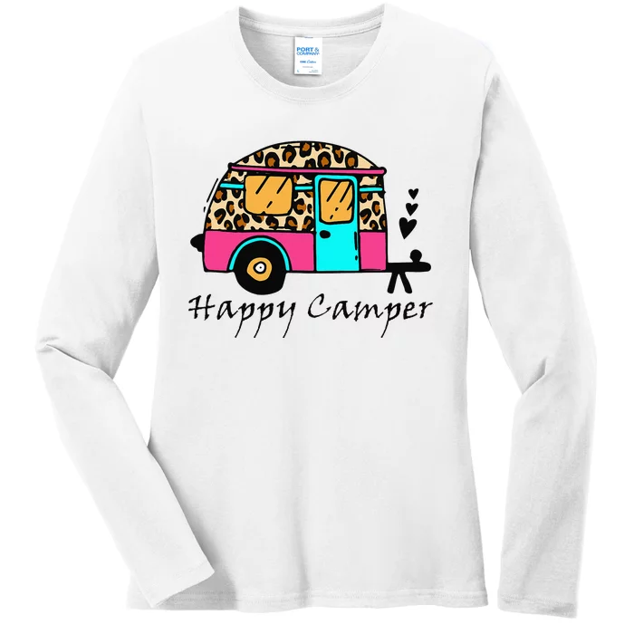 Camper happy summer camp camping leopard funny glamping Ladies Long Sleeve Shirt