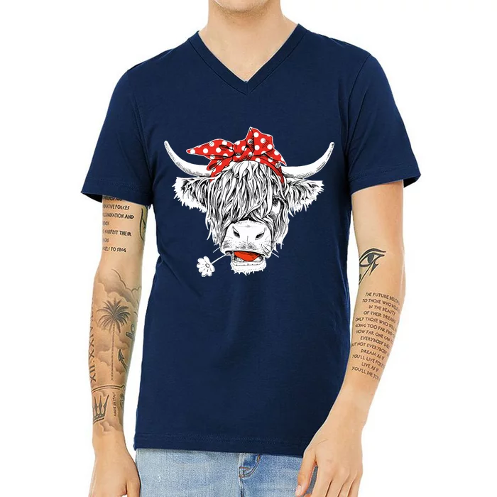 Cute Hairy Scottish Highland Cow V-Neck T-Shirt