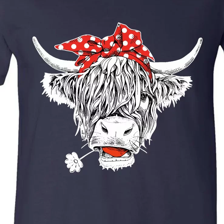 Cute Hairy Scottish Highland Cow V-Neck T-Shirt