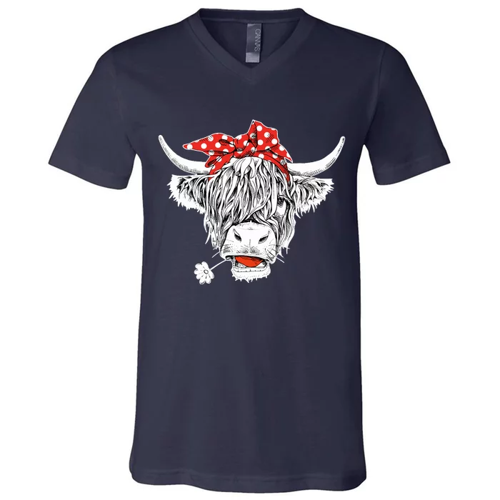 Cute Hairy Scottish Highland Cow V-Neck T-Shirt