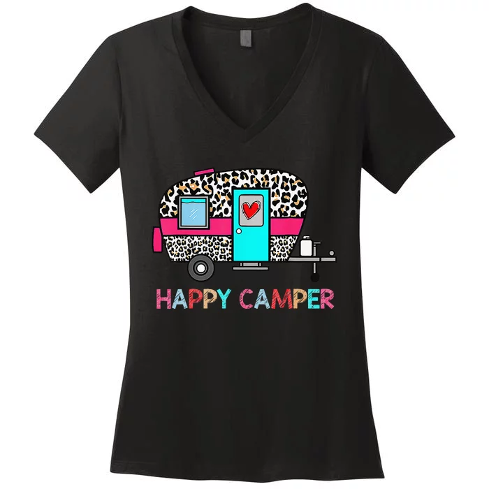 Camper Happy Summer Camp Camping Leopard Funny Glamping Women's V-Neck T-Shirt