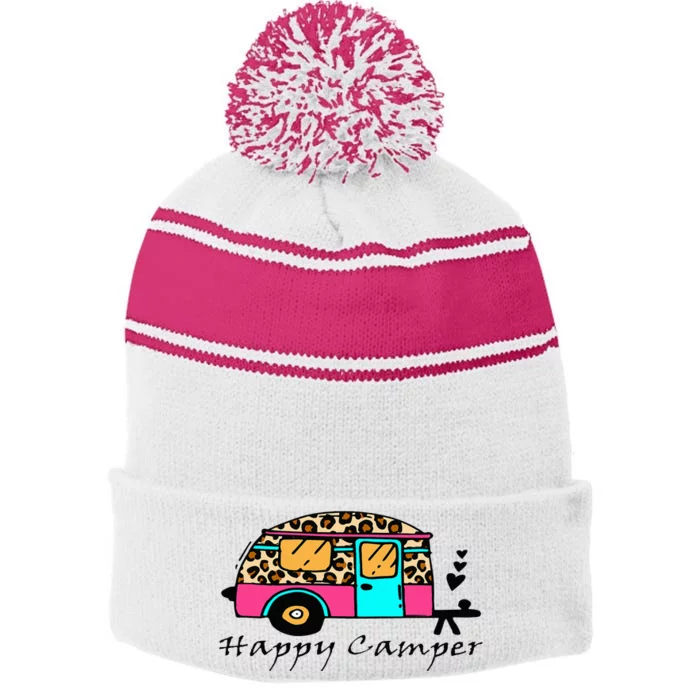 Camper Happy Summer Camp Camping Leopard Funny Glamping Stripe Pom Pom Beanie