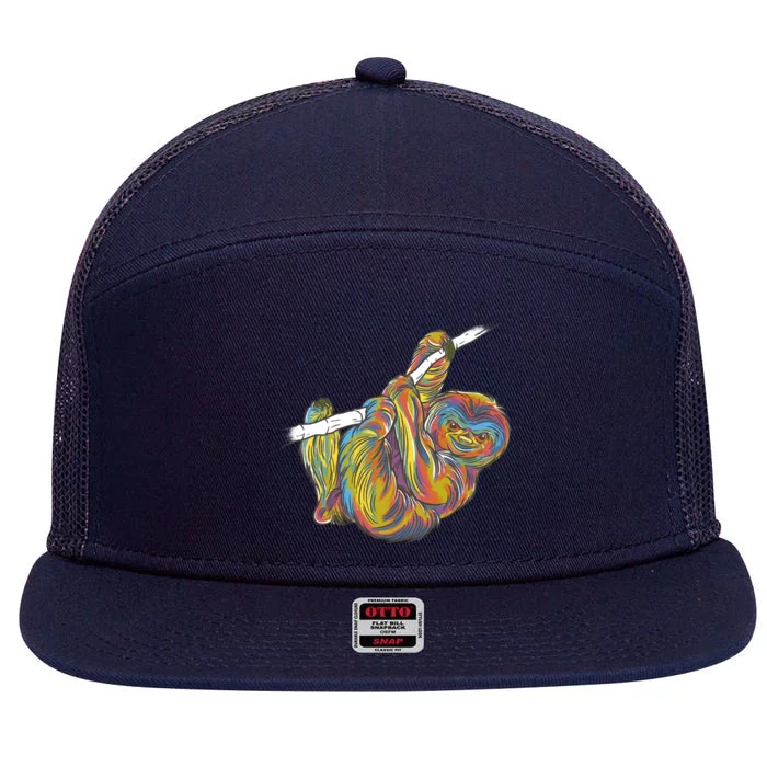 Colorful Hanging Sloth 7 Panel Mesh Trucker Snapback Hat