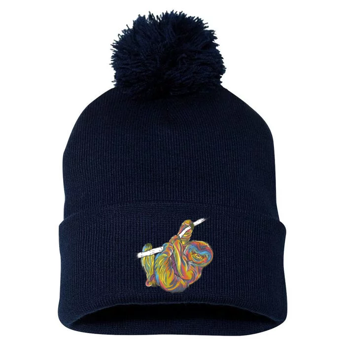 Colorful Hanging Sloth Pom Pom 12in Knit Beanie