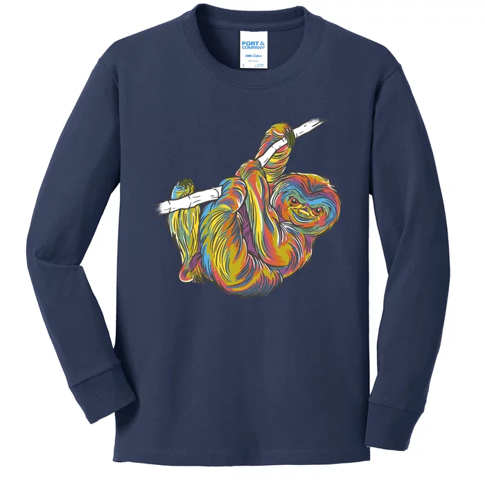 Colorful Hanging Sloth Kids Long Sleeve Shirt