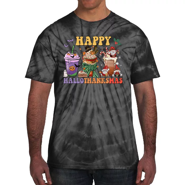 Coffee Halloween Thanksgiving Christmas Happy Hallothanksmas Tie-Dye T-Shirt