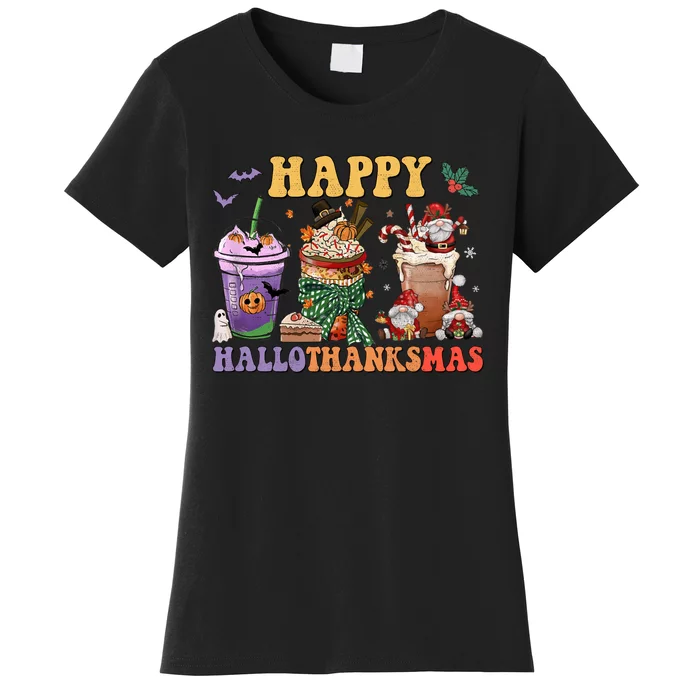 Coffee Halloween Thanksgiving Christmas Happy Hallothanksmas Women's T-Shirt