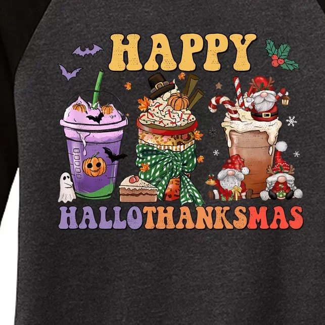 Coffee Halloween Thanksgiving Christmas Happy Hallothanksmas Women's Tri-Blend 3/4-Sleeve Raglan Shirt