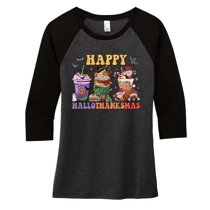 Coffee Halloween Thanksgiving Christmas Happy Hallothanksmas Women's Tri-Blend 3/4-Sleeve Raglan Shirt