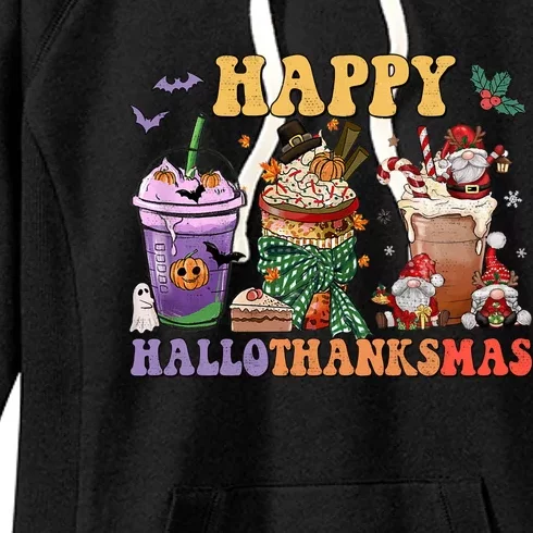 Coffee Halloween Thanksgiving Christmas Happy Hallothanksmas Cute Gift Women's Fleece Hoodie