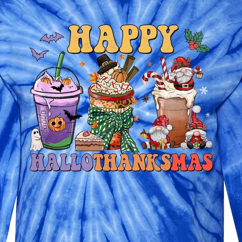 Coffee Halloween Thanksgiving Christmas Happy Hallothanksmas Cute Gift Tie-Dye Long Sleeve Shirt