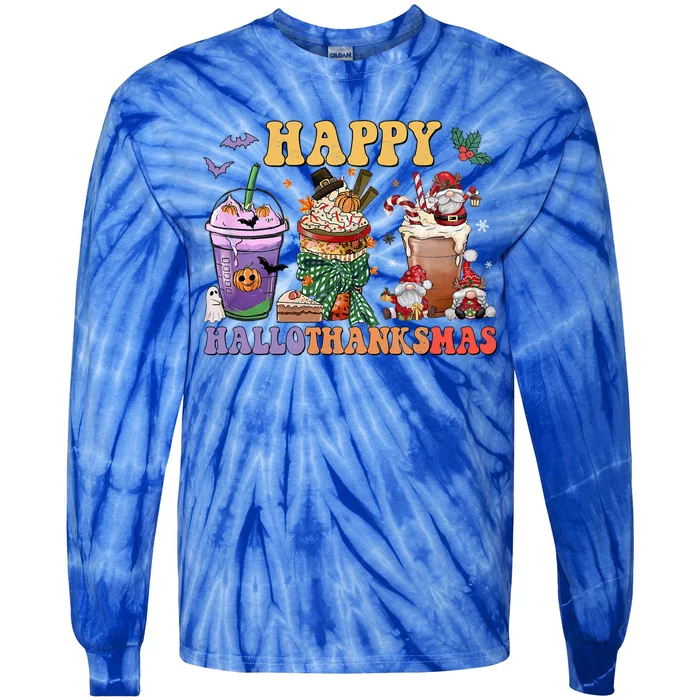 Coffee Halloween Thanksgiving Christmas Happy Hallothanksmas Cute Gift Tie-Dye Long Sleeve Shirt