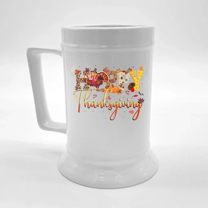 Cute Happy Thanksgiving Turkey Day Fall Autumn Family Dinner Front & Back Beer Stein