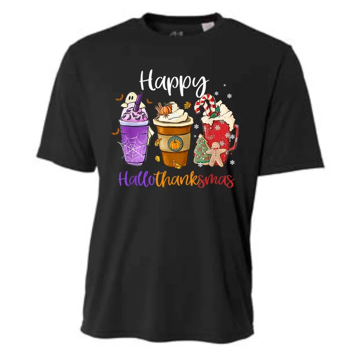 Coffee Halloween Thanksgiving Christmas Happy Hallothanksmas Gift Cooling Performance Crew T-Shirt