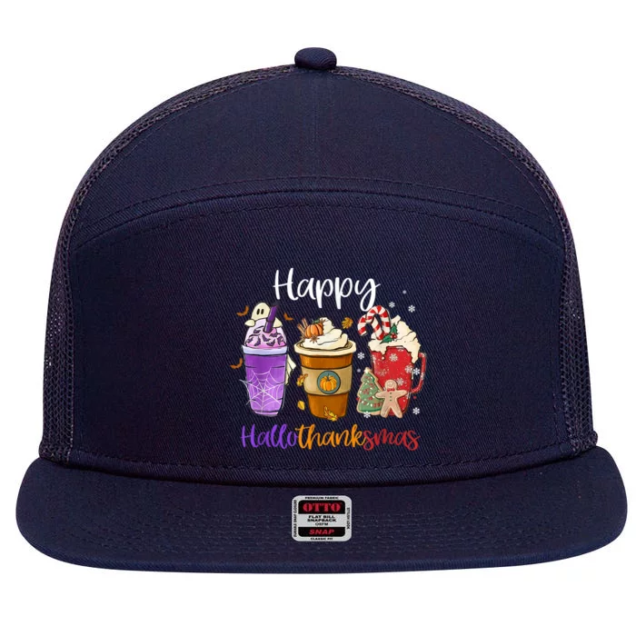 Coffee Halloween Thanksgiving Christmas Happy Hallothanksmas Gift 7 Panel Mesh Trucker Snapback Hat