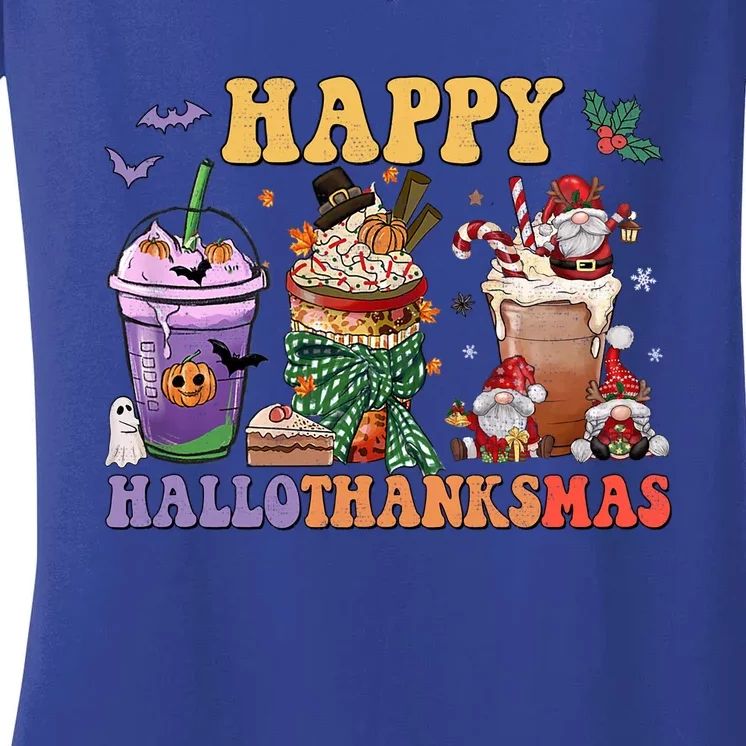 Coffee Halloween Thanksgiving Christmas Happy Hallothanksmas Gift Women's V-Neck T-Shirt