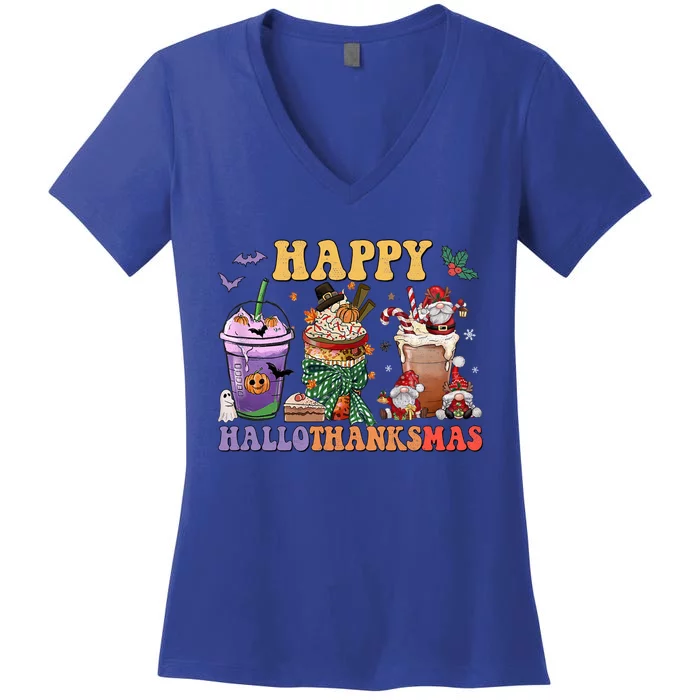 Coffee Halloween Thanksgiving Christmas Happy Hallothanksmas Gift Women's V-Neck T-Shirt