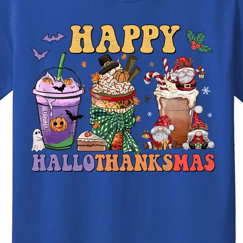 Coffee Halloween Thanksgiving Christmas Happy Hallothanksmas Gift Kids T-Shirt