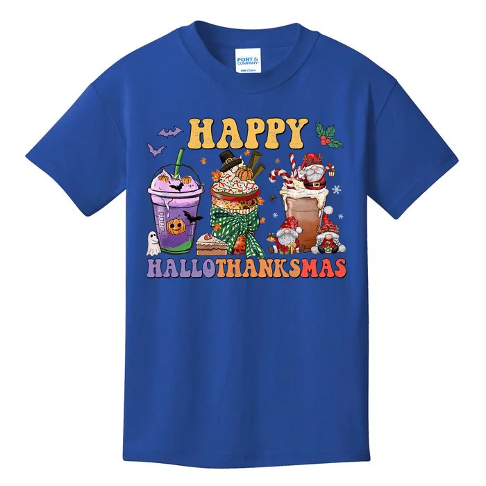 Coffee Halloween Thanksgiving Christmas Happy Hallothanksmas Gift Kids T-Shirt