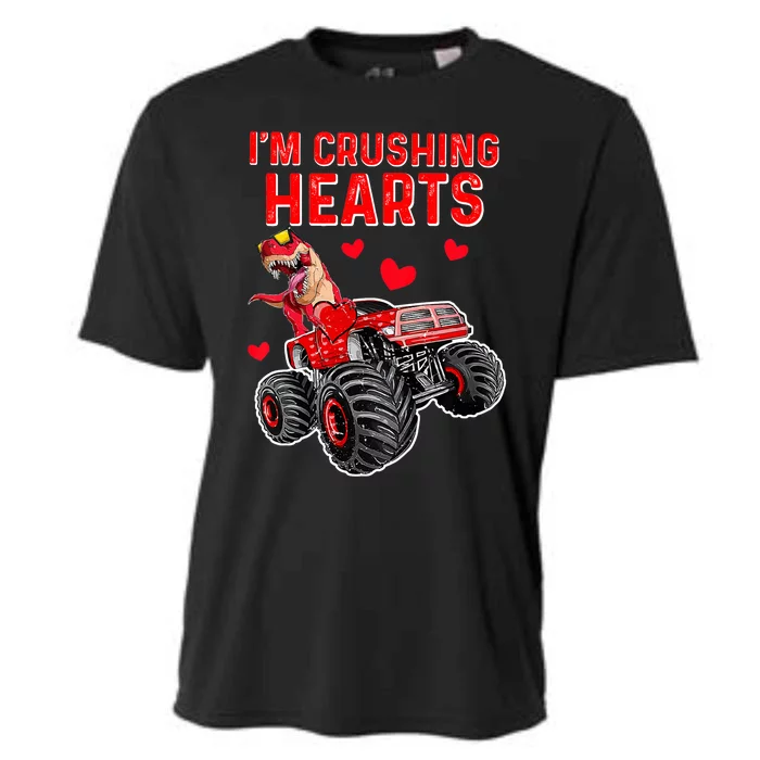 Crush Hearts T Rex Monster Truck Boy Valentines Day Cooling Performance Crew T-Shirt