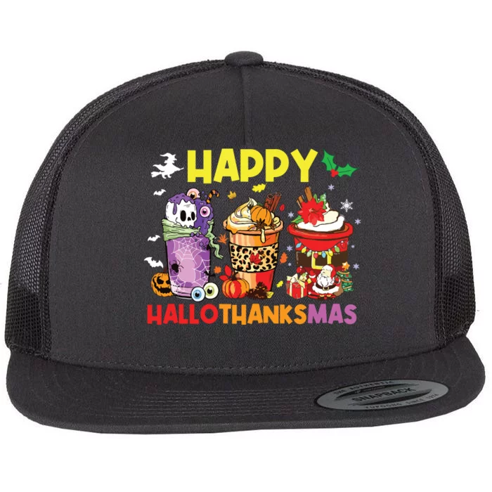 Coffee Halloween Thanksgiving Christmas Happy Hallothanksmas Flat Bill Trucker Hat