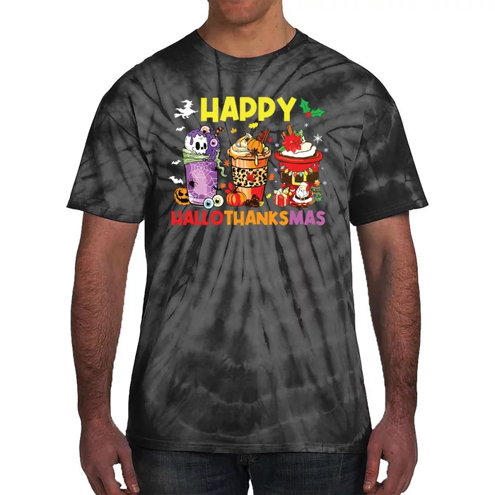 Coffee Halloween Thanksgiving Christmas Happy Hallothanksmas Tie-Dye T-Shirt