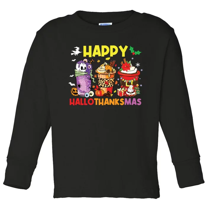 Coffee Halloween Thanksgiving Christmas Happy Hallothanksmas Toddler Long Sleeve Shirt