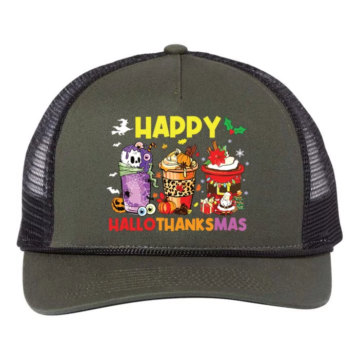 Coffee Halloween Thanksgiving Christmas Happy Hallothanksmas Retro Rope Trucker Hat Cap