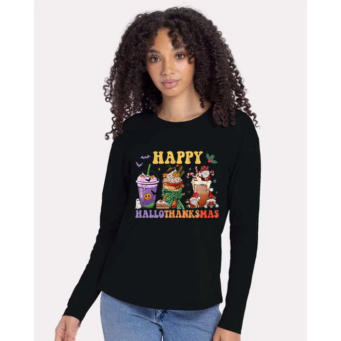 Coffee Halloween Thanksgiving Christmas Happy Hallothanksmas Womens Cotton Relaxed Long Sleeve T-Shirt