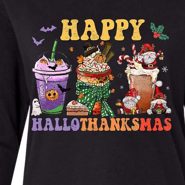 Coffee Halloween Thanksgiving Christmas Happy Hallothanksmas Womens Cotton Relaxed Long Sleeve T-Shirt