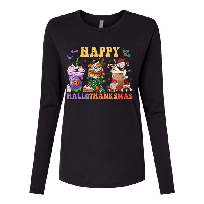 Coffee Halloween Thanksgiving Christmas Happy Hallothanksmas Womens Cotton Relaxed Long Sleeve T-Shirt