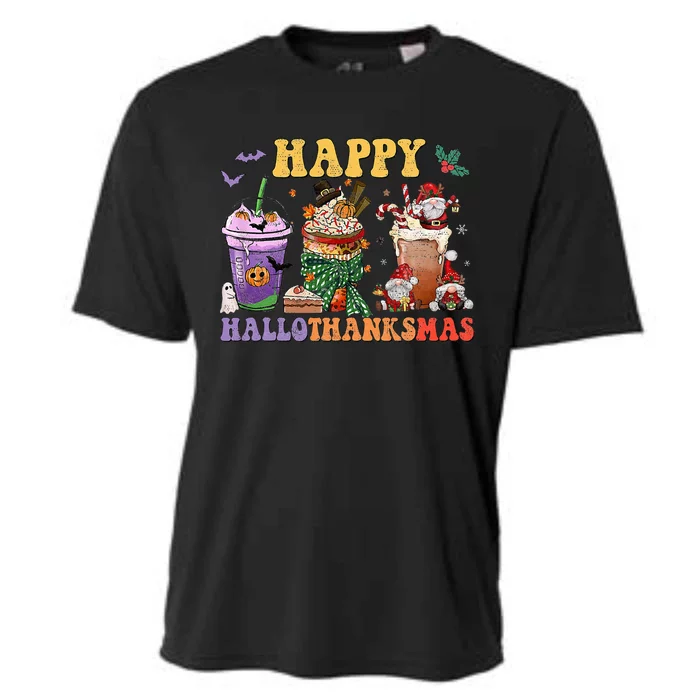 Coffee Halloween Thanksgiving Christmas Happy Hallothanksmas Cooling Performance Crew T-Shirt