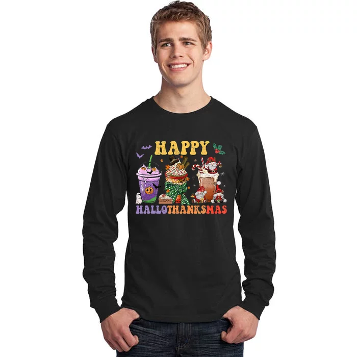 Coffee Halloween Thanksgiving Christmas Happy Hallothanksmas Tall Long Sleeve T-Shirt